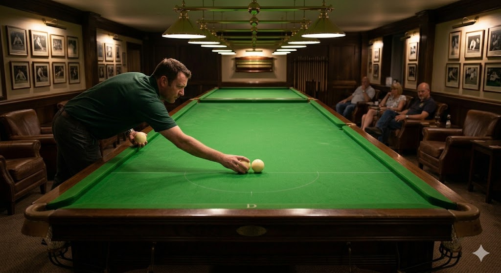 A white ball rolling along a green snooker table toward colourful target balls — Snoules on Bludle